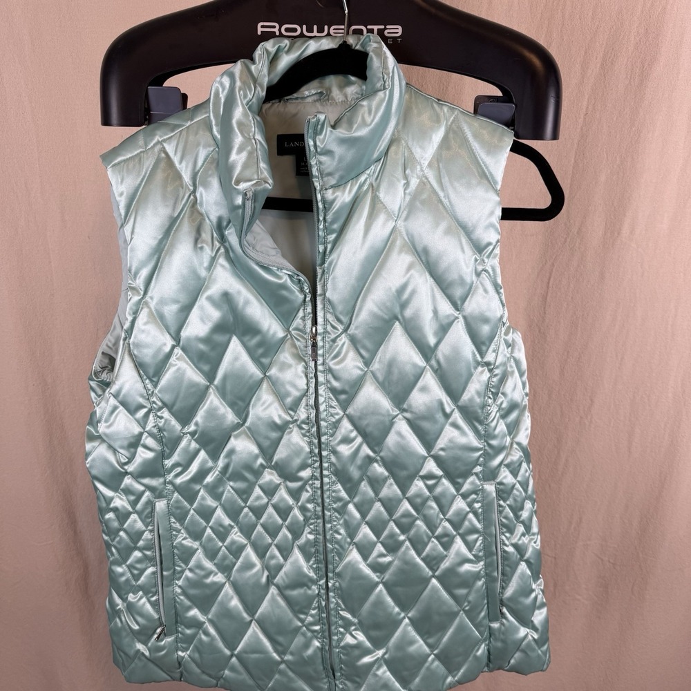 Land's End Down Puffer Vest Women's Large Soft Green‎ Satin Finish Holiday Gloss